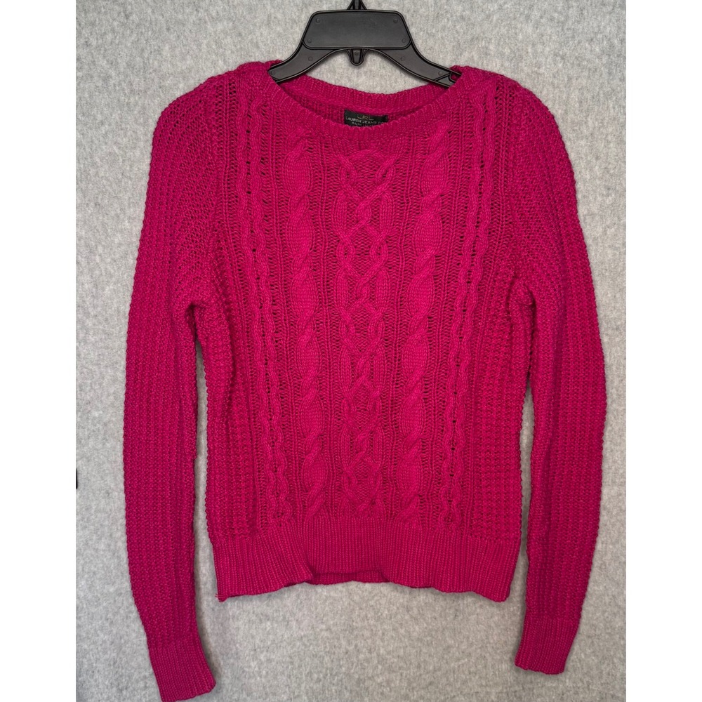 LRL Ralph Lauren‎ Jeans Petite Cable Knit Sweater Hot Pink Long Sleeve Pullover